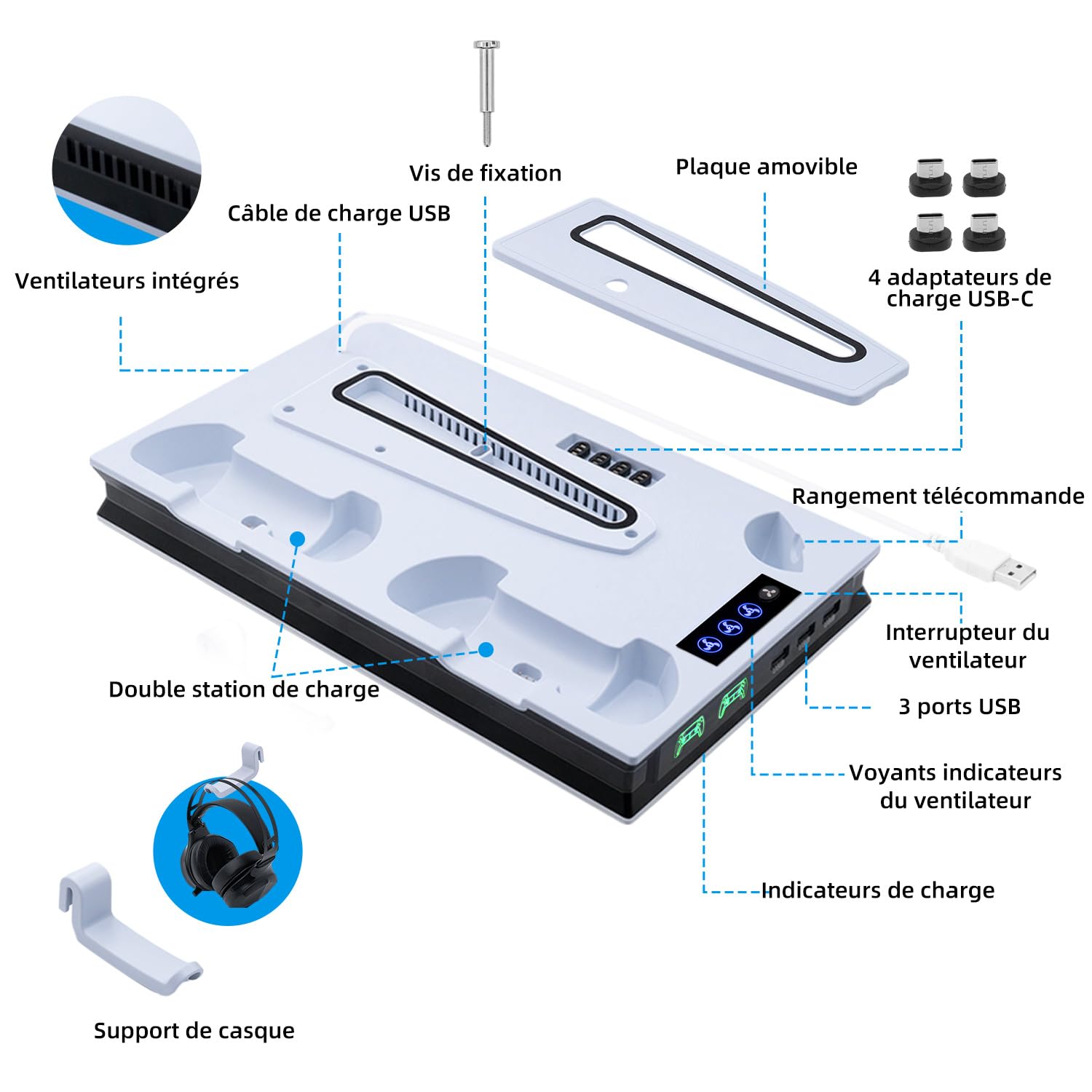 Mcbazel PS5/PS5 Pro/PS5 Slim Support de Refroidissement et de Chargement 3 Vitesses Réglable LED Magnétique Double Chargeur pour Manette ps5 Compatible avec PS5/PS5 Slim UHD/Digital/PS5 Pro