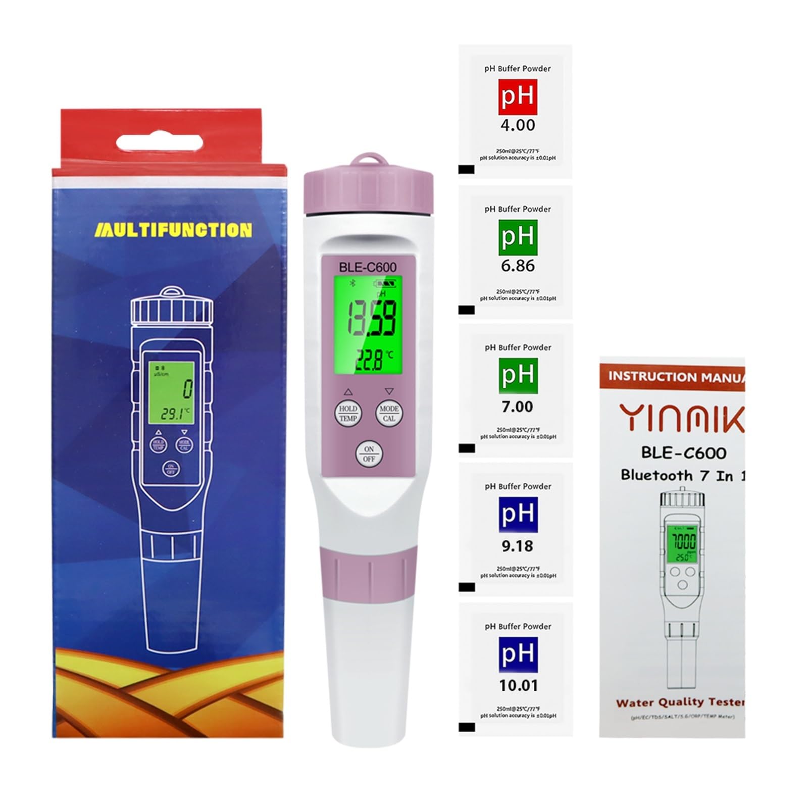 Tester del PH dell'Acqua, Misuratore PH 7 in 1 PH/EC/TDS/ORP/Sale/SG/Temp Monitor Online App Intelligente for Il Tester Acqua Potabile Acquario Tester dell'Acqua