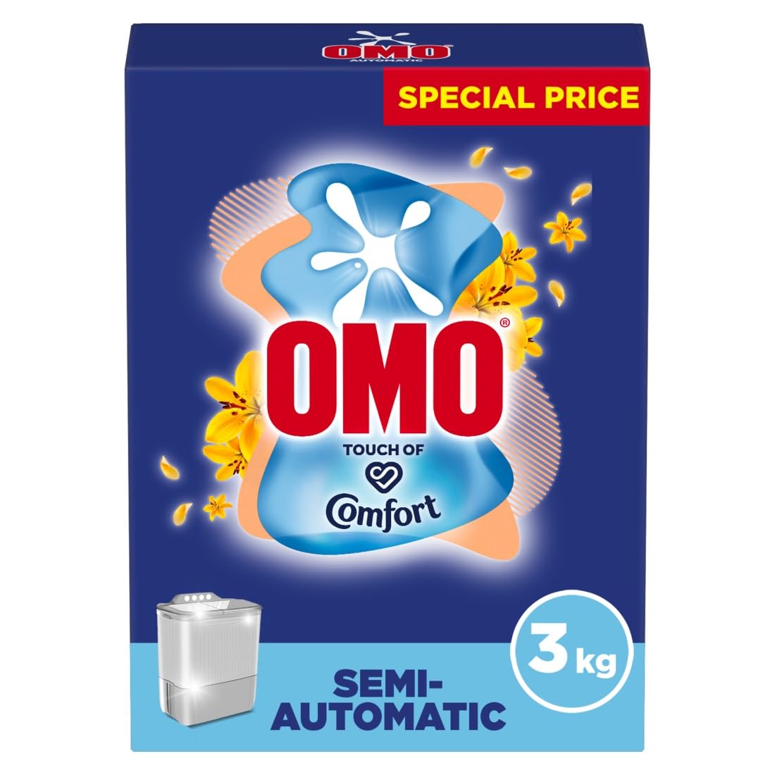 OMO Semi-Automatic Laundry Detergent Powder, Touch of Comfort up to 100% stain removal in 1 wash*, 3 Kg , Packaging may vary