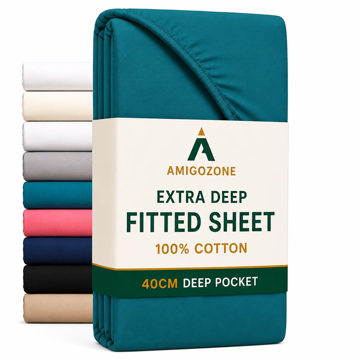 AmigoZone16"(40cm) Extra Deep Fitted Sheet 100% Cotton 200 Thread Count Fitted Sheet (King, Teal) — image 1