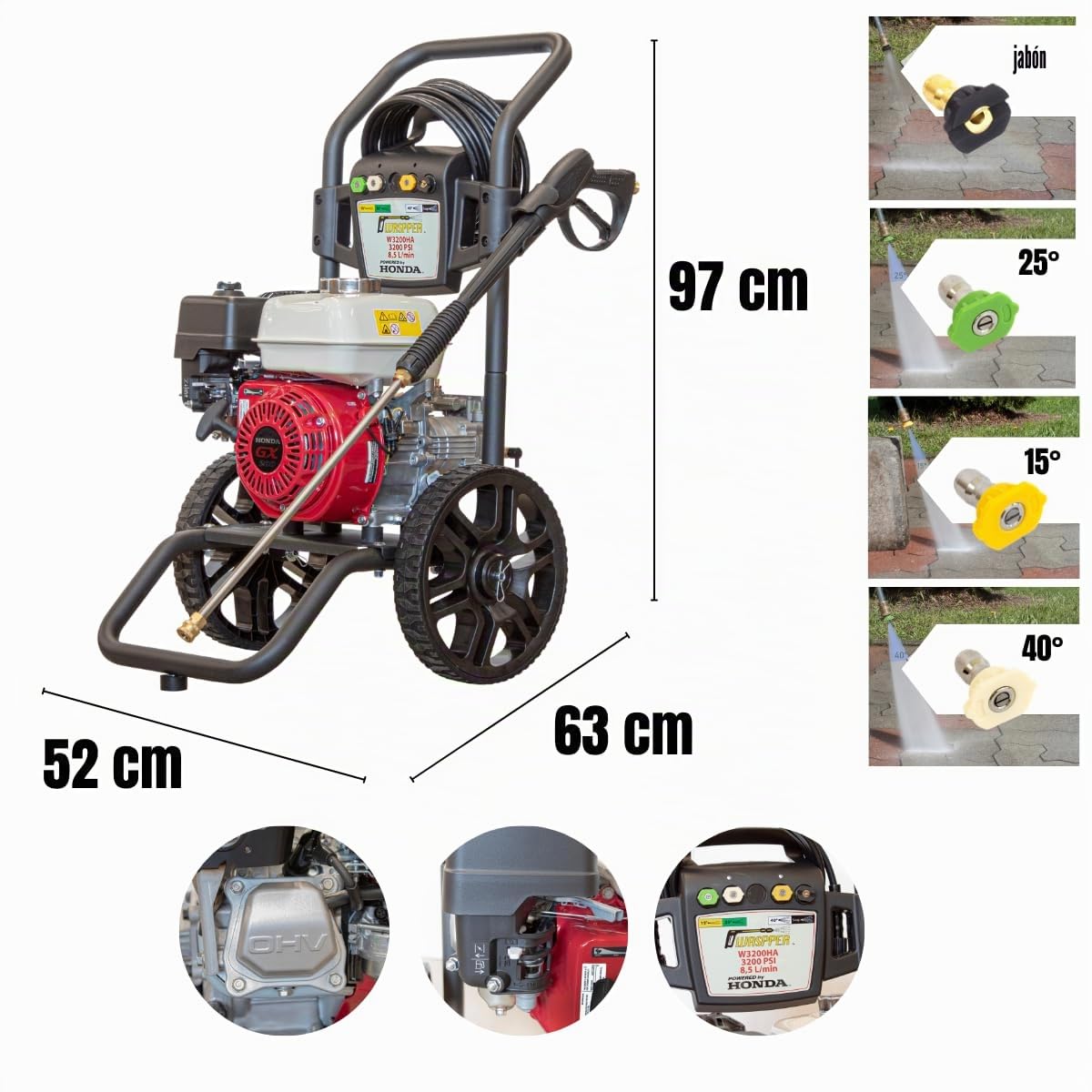 Hidrolimpiadora Gasolina 3200 PSI (220 Bar), Motor Honda GX200 208cc 6.5 HP, Hidrolimpiadora Alta Presión para Coche, Jardín y Patio, 8.5 L/min – Waspper W3200HA