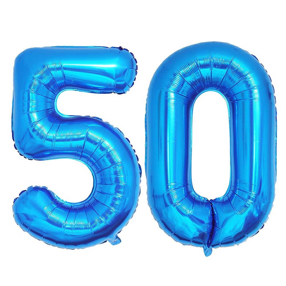 Ponmoo Foil Globo Número 50 Azul 40" (101cm), Inflable Helio o aire, Gigante Globos Numeros 0-9, 10-100, Grande Globos para La Boda Aniversario, Decoración de Globos para Fiestas de Cumpleaños