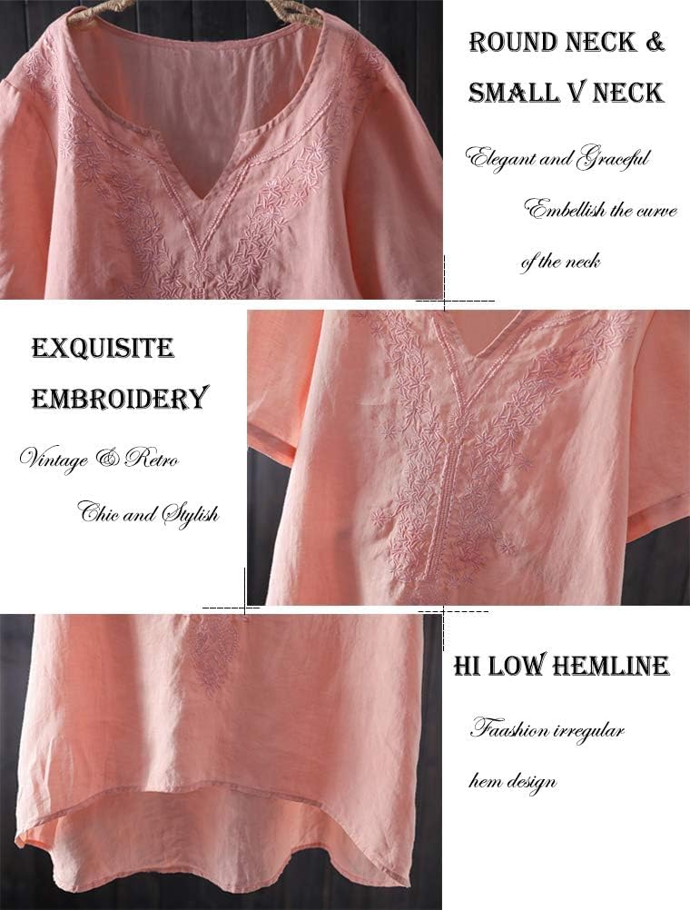 Minibee Women's Linen Shirts Summer Boho Blouse V Neck Short Sleeve Embroidered Tunic Tops - Image 3