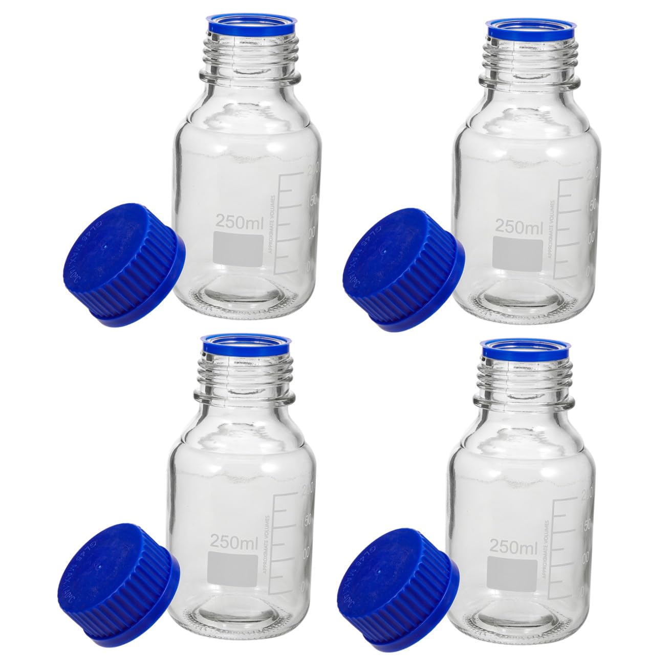 Set da 4 Bottiglie Reagenti in Vetro Blu da 250ml con Tappo a Vite, Leggere e Multiuso per Laboratori e Fabbriche
