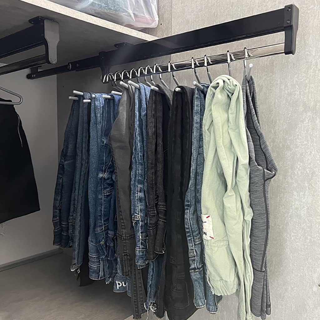Varilla de armario extensible de acero inoxidable negro para colgar ropa y pantalones