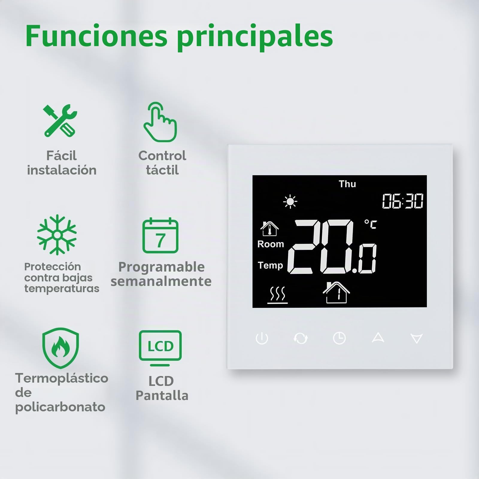 Wengart Termostato Negro Inteligente WG505 (16A), Pantalla Táctil LCD para Calefacción Eléctrica por Suelo Radiante, Doble Sensor (Aire/Suelo), Programable, Apto para Caja Cuadrada 86mm