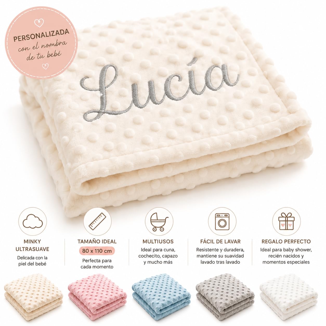 mibebestore Manta Bebe Personalizada Nombre Bordado Terciopelo Suave 80x110 para Cuna Cochecito Capazo Multiusos Facil Lavado Regalo Baby Shower Bautizo Recien Nacido Abrigo Fabricado en España