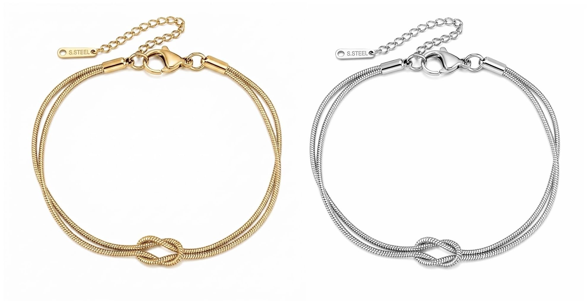 Combo of Gold & Silver Finish Double Strand Chain Love Knot Non Tarnish Bracelet For Men And Women-image-17
