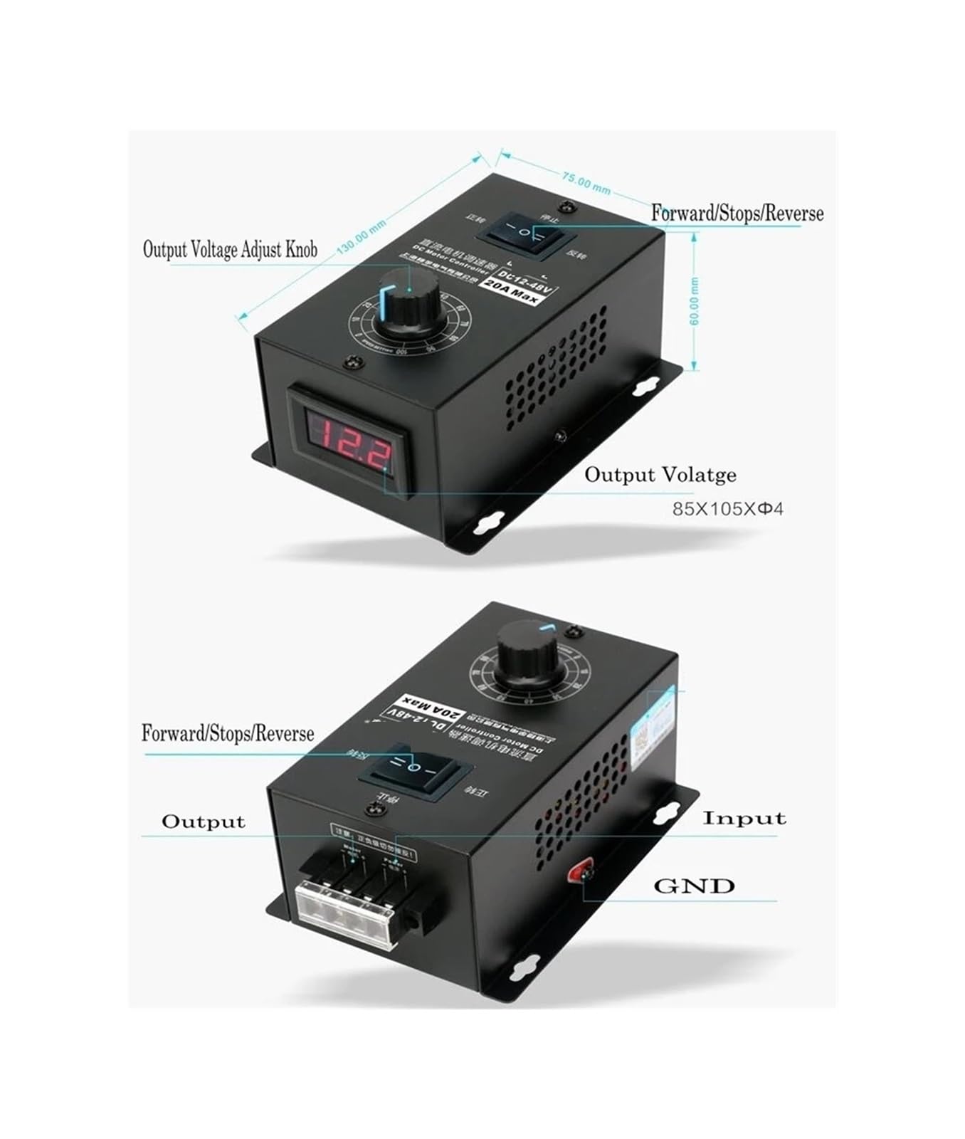 Controlador de Velocidad de Motor de CC de 12~48 V, 20 A, regulador de 12 V, 24 V, 48 V, 1200 W, Pantalla Digital, Reversible, Ajustable de 0 a 100%