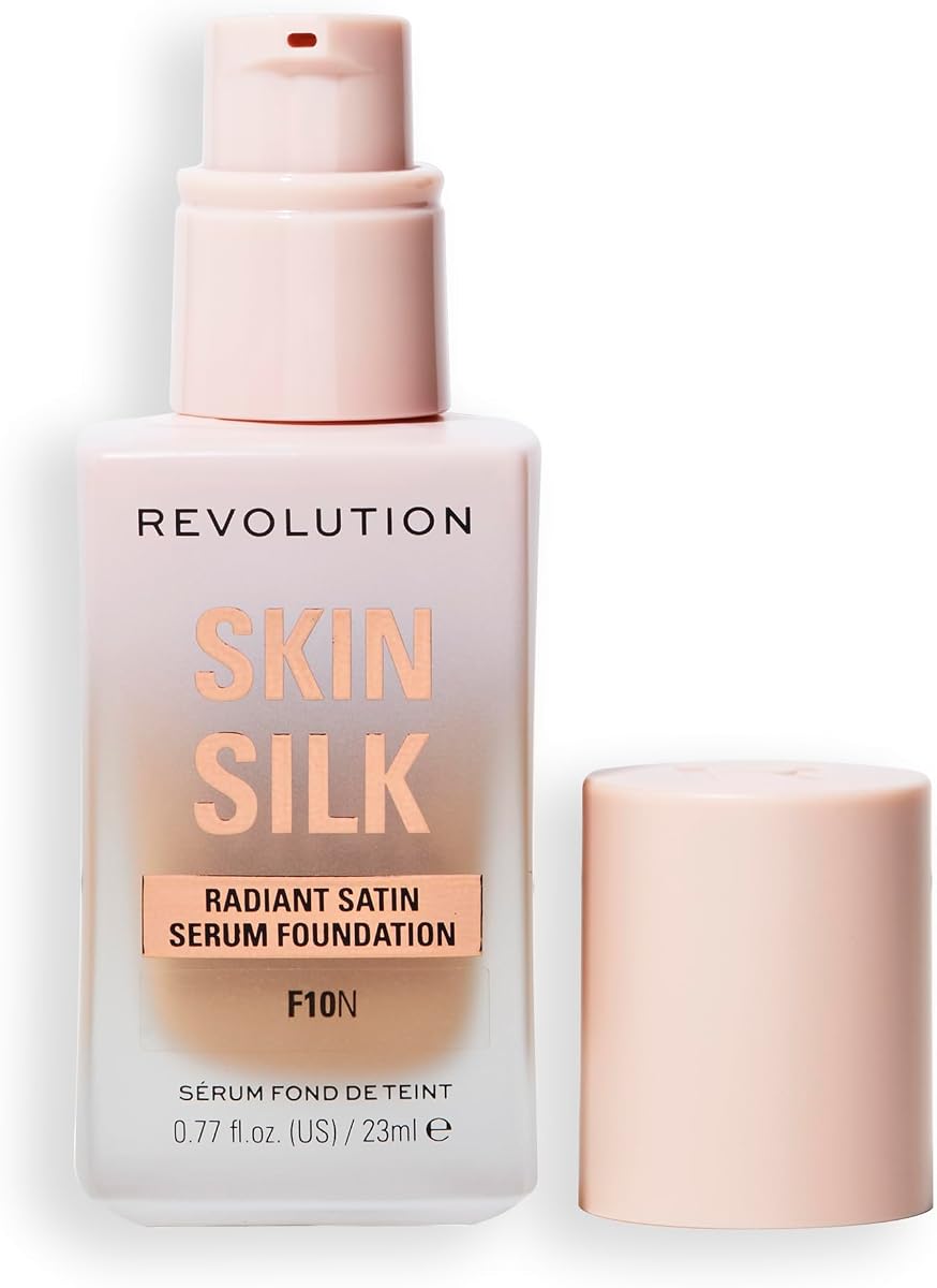 Revolution Skin Silk Radiant Satin Serum Foundation, F10N Medium Skin Tones | Buildable Coverage, Hydrating Hyaluronic Acid for a Natural Finish, Vegan & Cruelty-Free, 0.77 fl oz