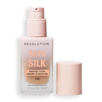 Revolution Skin Silk Radiant Satin Serum Foundation, Buildable Coverage with Hydrating Hyaluronic Acid for a Natural Finish, Vegan & Cruelty-Free, F10N Medium Skin Tones, 0.77 fl oz
