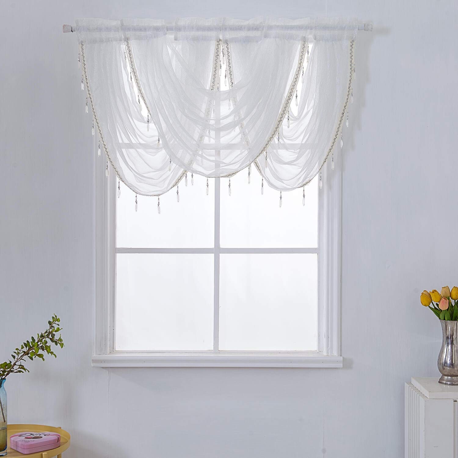 Buy WUBODTI Waterfall Valance Curtains Sheer for Windows 3 Panels,White