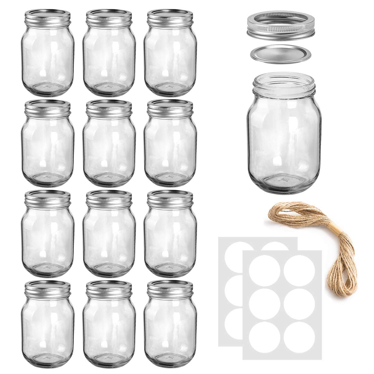 Mason Jars, SKOCHE 16 oz Canning Jars Glass Jars with Regular Lids, Ideal for Jam, Honey, Wedding Favors, Shower Favors, Baby Foods, DIY Magnetic Spice Jars, 12 PACK Jelly Jars with 12 Labels