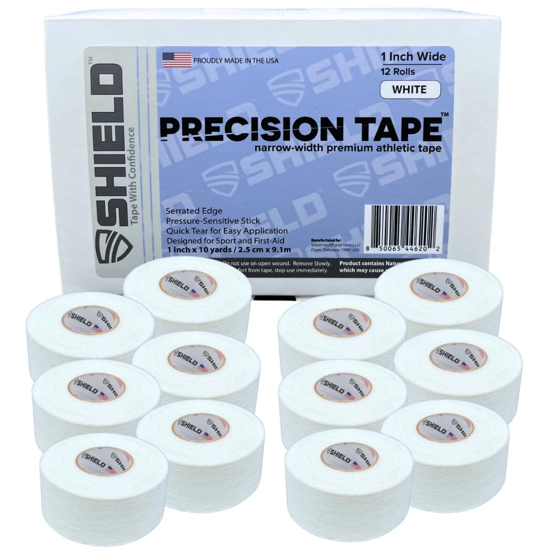 SHIELD 1 Inch Athletic Tape Precision Tape 12 Pack Strong Cotton No Residue Made in USA Rigid Sports