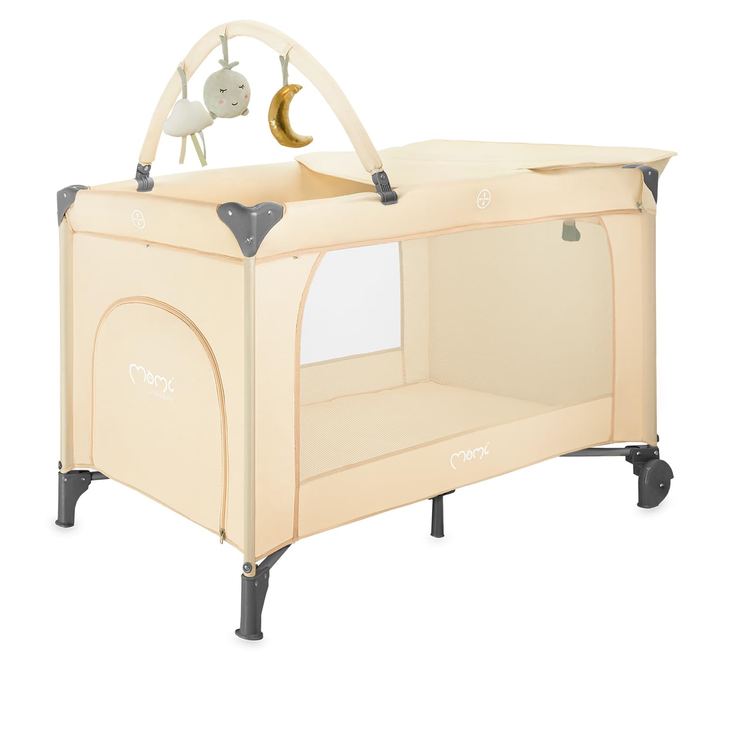 Momi BELOVE Plus 2 w 1, składane łóżeczko podróżne, 2 w 1, dla niemowląt do 9 kg i dzieci do 15 kg, z materacem, drążkiem z zabawkami, przewijakami i torbą transportową