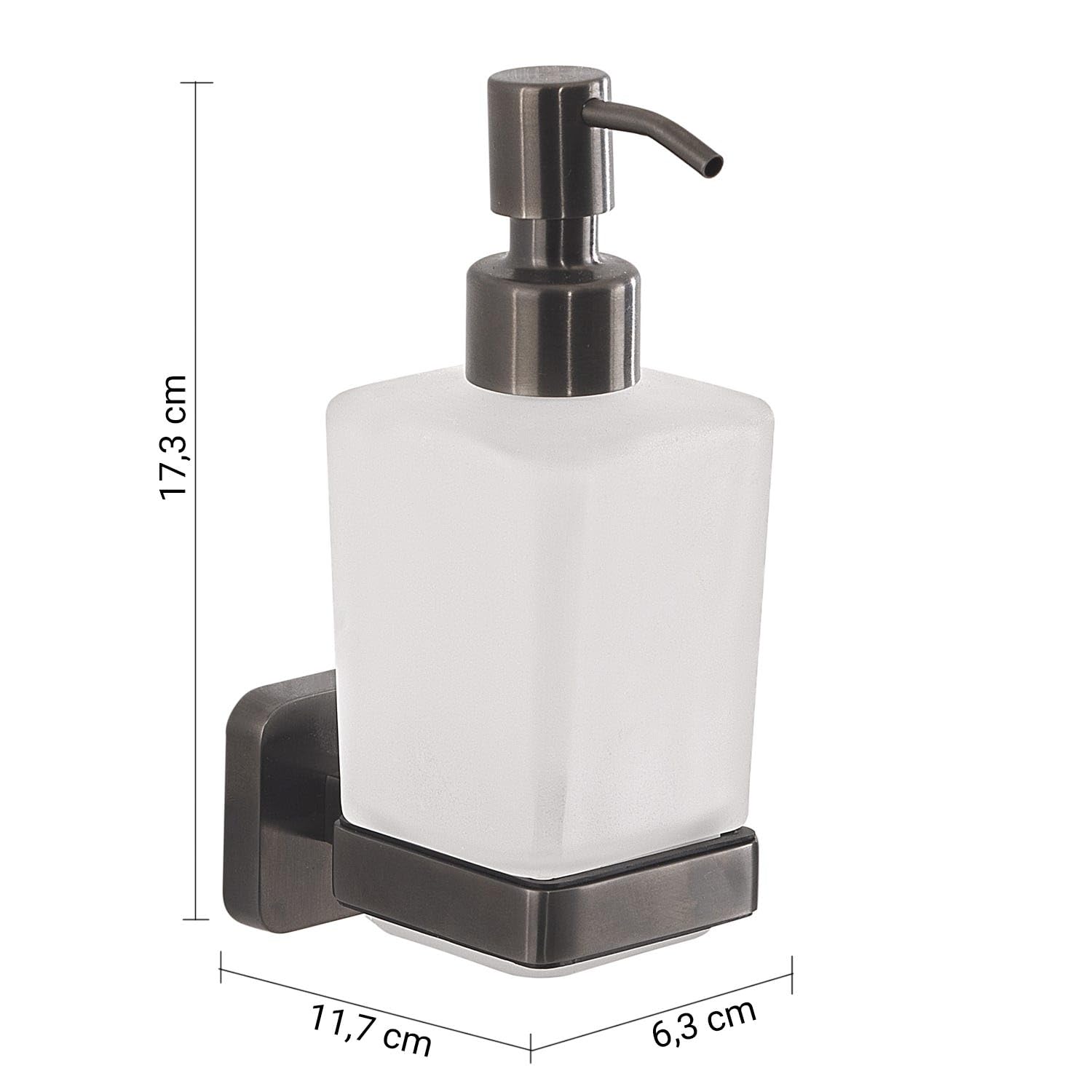 Kiamami Valentina - Dispensador de jabón de pared Gun Metal de acero inoxidable y vidrio satinado, fijación de tornillos o adhesivo, capacidad 220 ml, Tahití