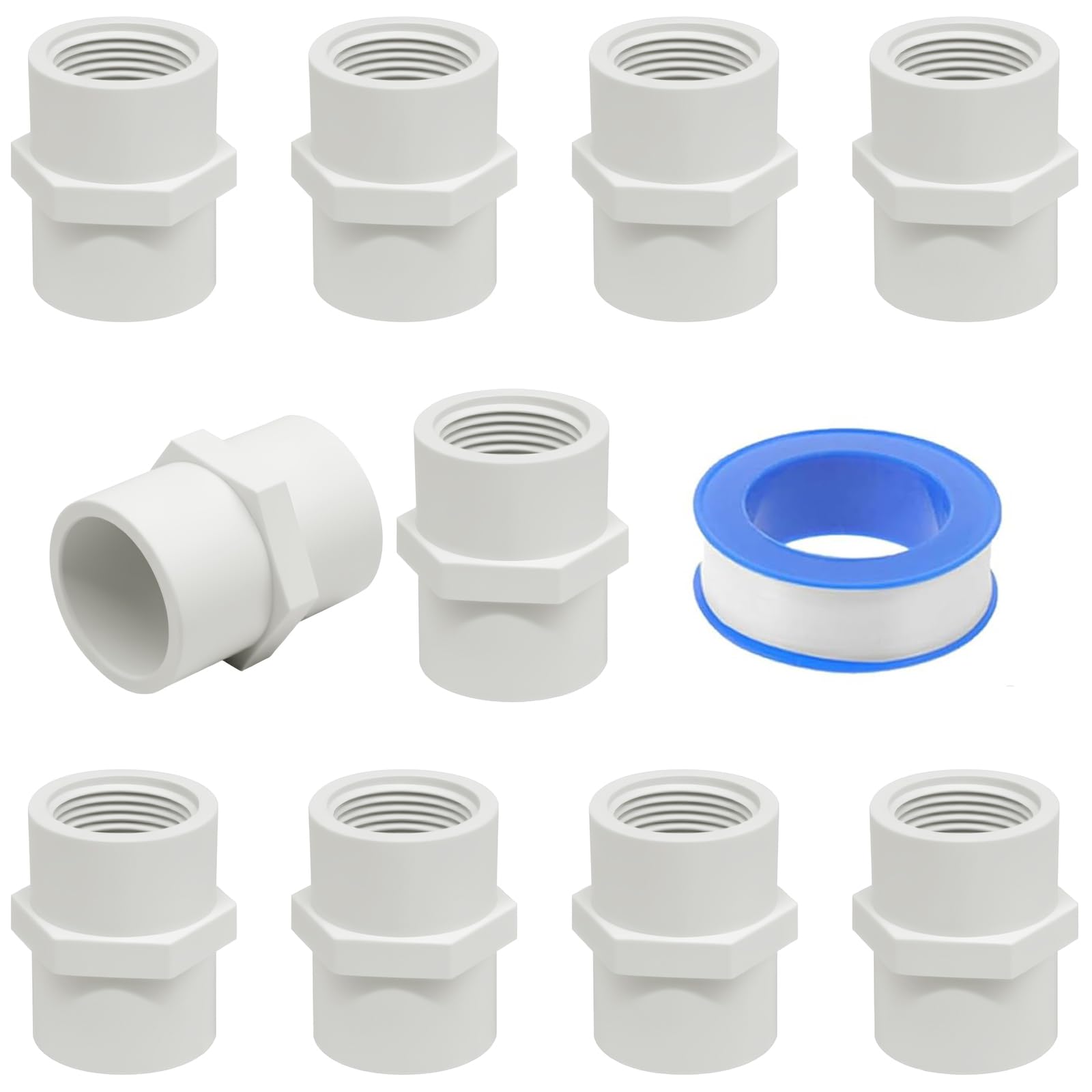 Photo 1 of 10Pcs White PVC Pipe Fittings, 3/4 NPT Female Thread Pipe Fitting Adapter Connector, PVC Female Threaded Pipe Coupling, Socket x NPT Female, Sch40