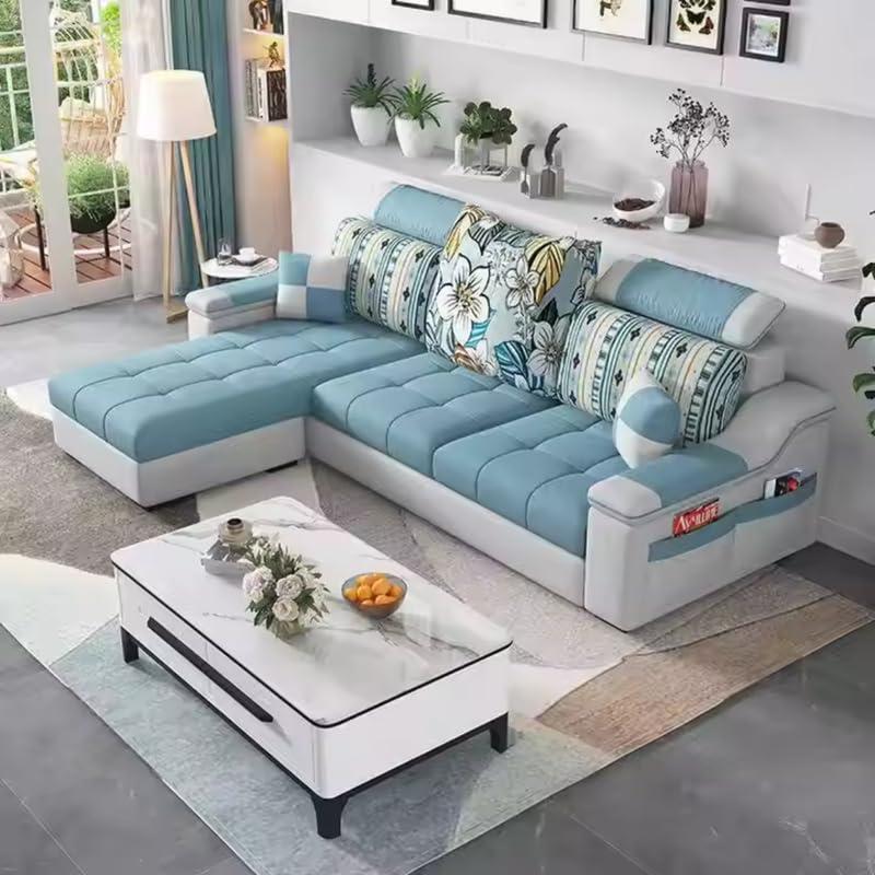 Image of Homax. Albo Modern 3-Seater Sofa Set with Convertible Ottoman - Interchangeable L-Shape Design, Adjustable Headrests & Space-Saving for Living Room - Color - Light Blue