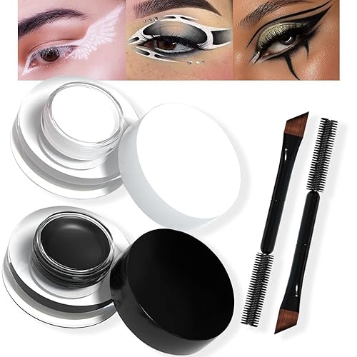 CAKAILA Kit de 2 delineadores de ojos en gel enlatado blanco y negro con pinceles, fórmula impermeable, secado rápido, resistente a las manchas, de