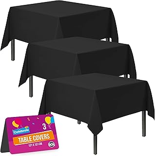 SOL 3pk Black Table Cloth Party 121x121cm Plastic Cover Tablecloth Disposable for Parties - Heavy Duty Spill Protection - Opaque Square Design - Multipurpose for Weddings, Catering & Buffets