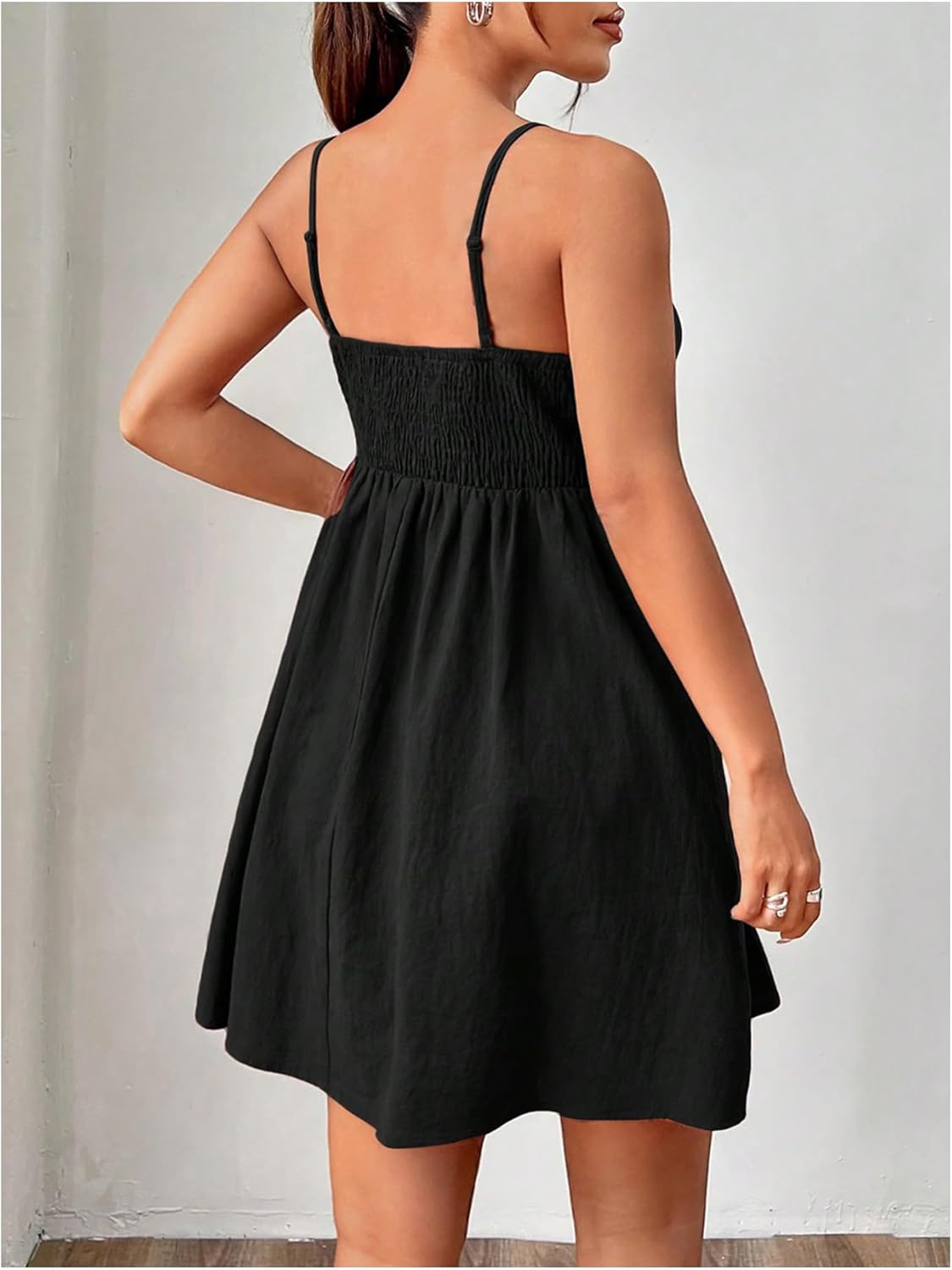 SHENHE Women's V Neck Spaghetti Strap Mini Dress Summer Empire Waist Flared Babydoll Dress - Image 3