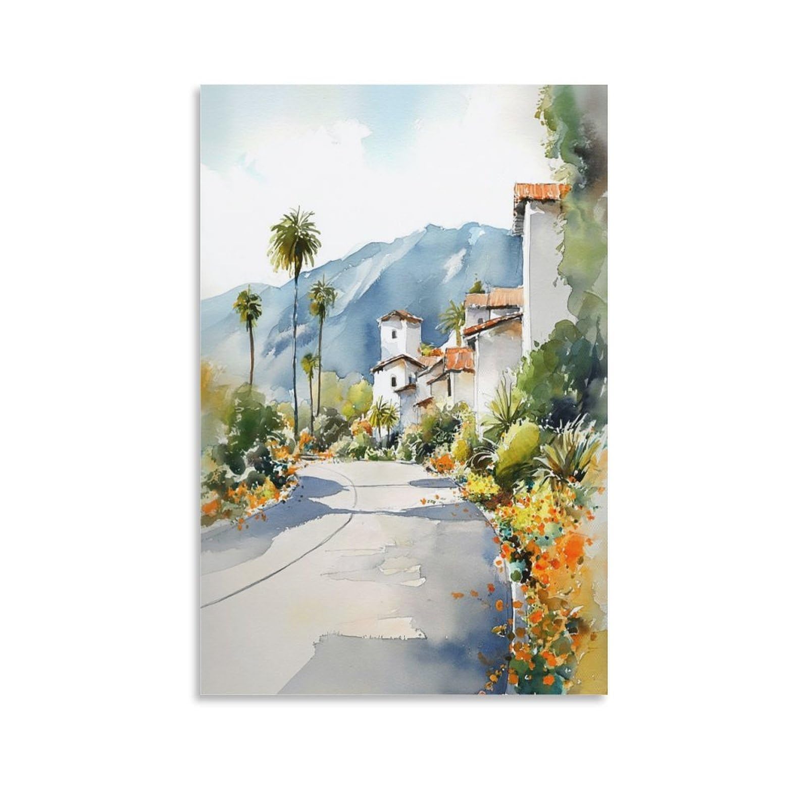 Cnaheiz Unframe-Style Santa Barbara Watercolor Painting_ Mid-Century Modern California 20X30inch(50X75cm) Vintage Watercolor Canvas Art