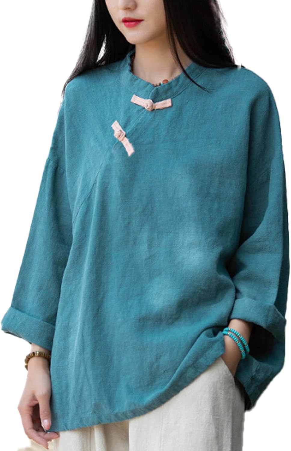 LZJN Women's Linen Shirts Artsy Retro Chinese Style Frog Button Tops Blouse Long Sleeve Tops