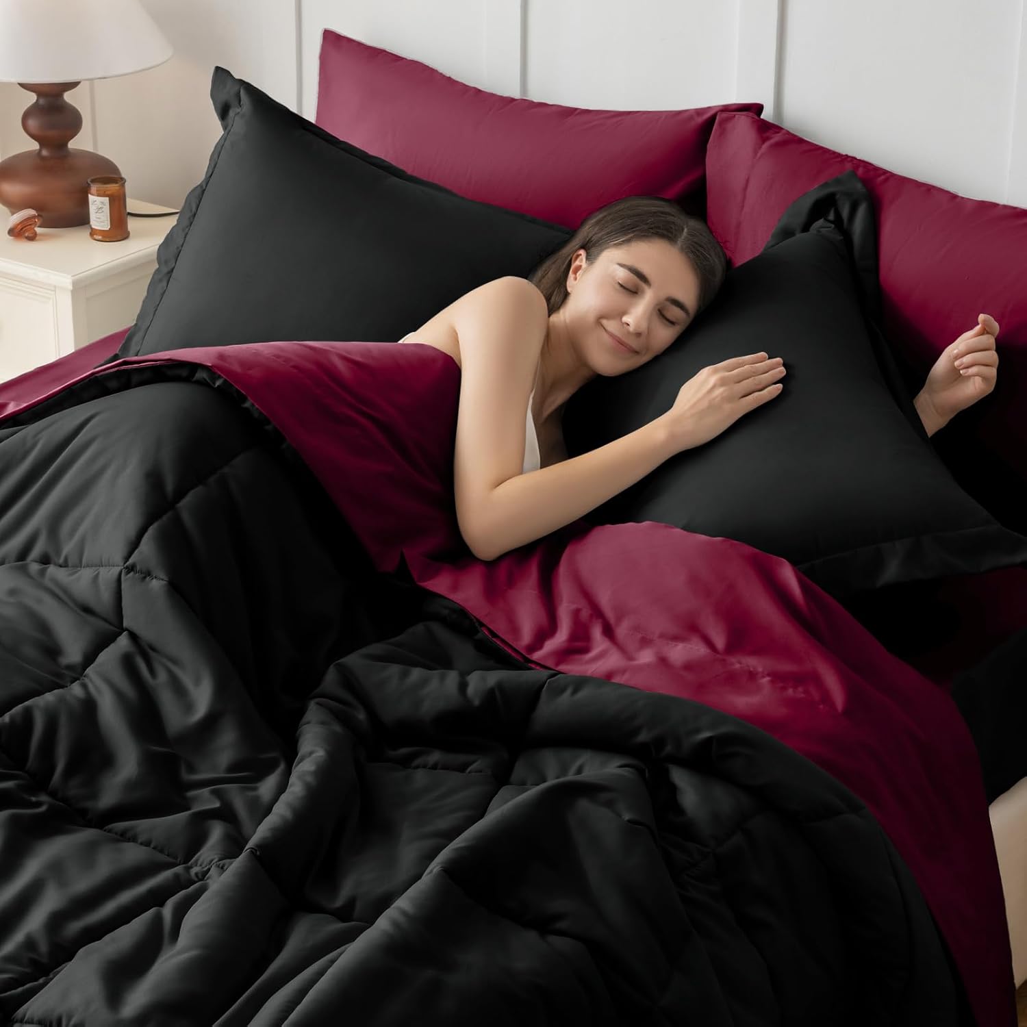 JOLLYVOGUE Queen Comforter Set, Ultra-Soft Bed in a Bag Queen Size 7 Pieces, Oeko-TEX Certified Bedding Set with Down Alternative Comforter, Sheets, Pillowcases & Shams, Burgundy & Black - Image 6