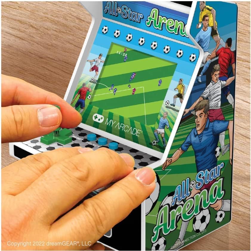 Hands playing My Arcade All Star Arena Micro Player, showing the joystick