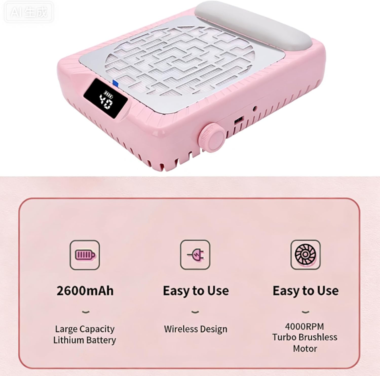 Nail Dust Collector, Quiet Nail Vacuum Dust Collector Rechargeable with Arm Rest - 40 Speeds Digital Display, Brushless Turbine Fan & Replaceable Filter for Salon/Home