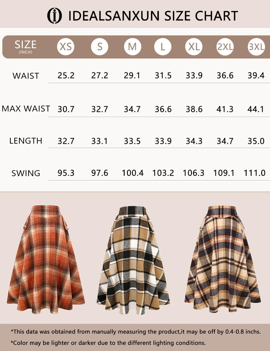 IDEALSANXUN Women’s Fall Winter High Waisted Wool Plaid A-line Long Skirt - Image 6