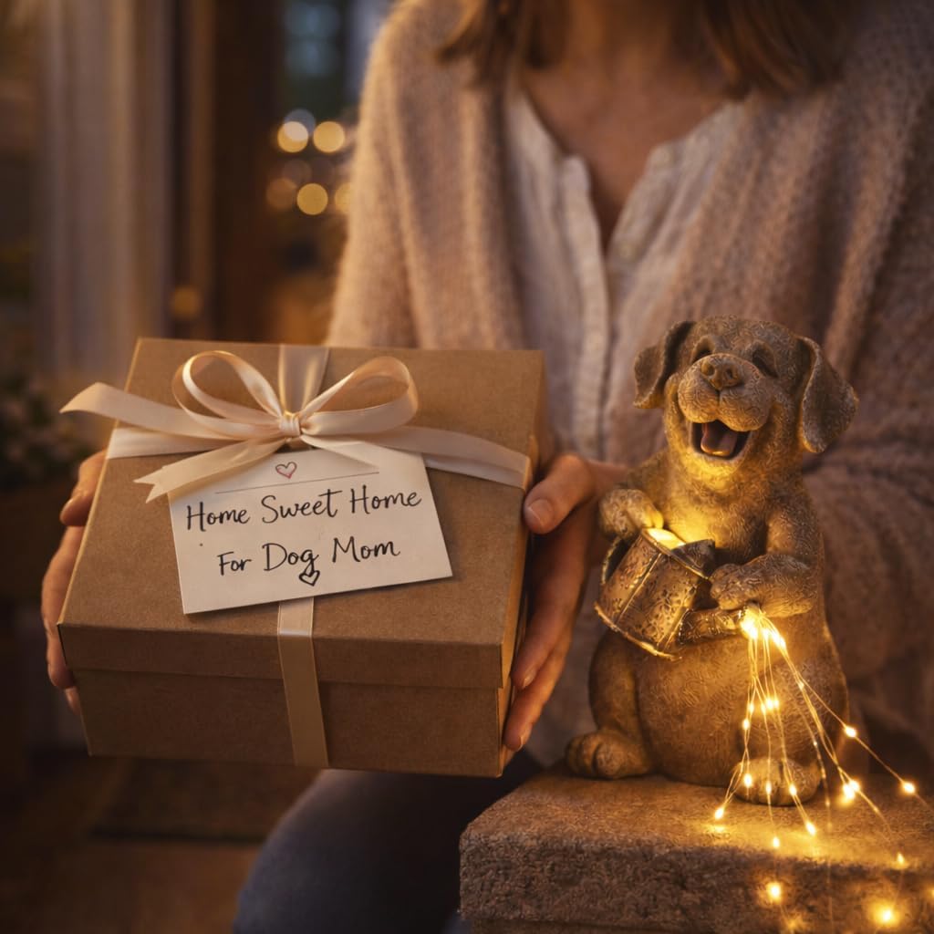 Lavezee Dog Statues Outdoor with String Lights for Garden Decor, Dog Garden Statue for Patio Lawn Porch Walkway Yard Decoration, Ideal Gifts for Dog Lovers Women Mom Grandma
