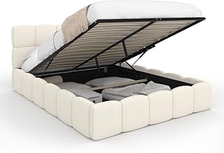 IDMarket – Double Cloud Storage Bed, 140 x 190 cm, White | With quilted headboard and base