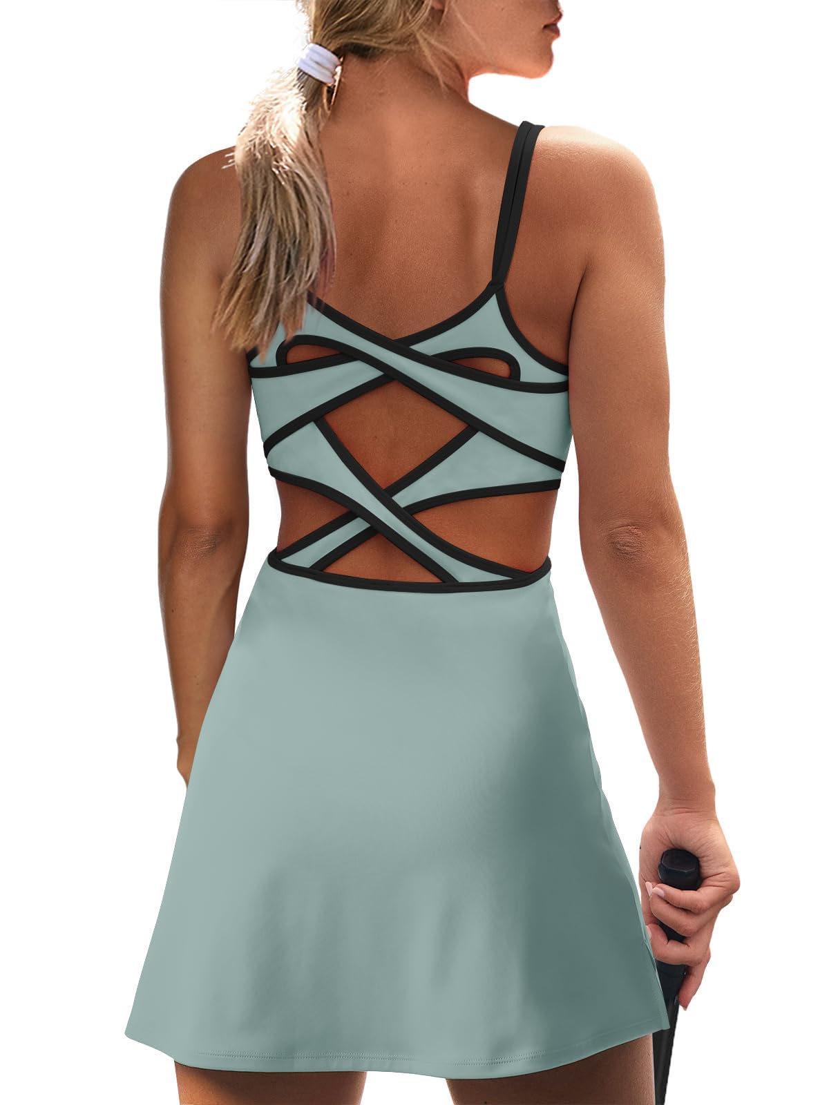 SENSERISE Womens Tennis Dress Built in Shorts & Bra Workout Skort Dress Athletic Golf Criss Cross Back Dress(Light Grey Blue,M)