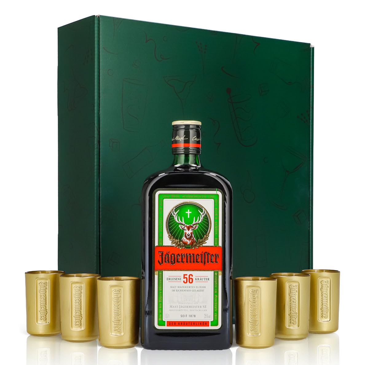 Sipply Geschenkset 7-teilig mit 6 Shotgläser Gold und 1 Flasche Jägermeister 0,7l 35,0% Vol. | mit Geschenkverpackung: Grün | Geschenk für Frauen Männer Mama Papa Freundin zu Weihnachten Ostern