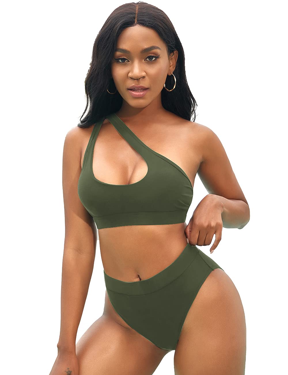 NAFLEAP Women's One Shoulder Sport Bikini Set High Waisted Cutout Swimsuit Crop Top Bathing Suit