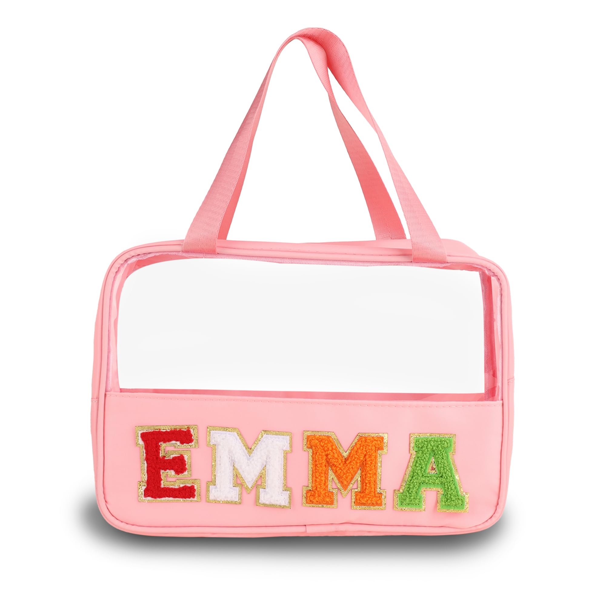 Personalized Clear Makeup Bag Custom Preppy Travel Pouches with Handle Customized Zipper Bag with Chenille Letter Aesthetic Storage Organizer Pouches for Women