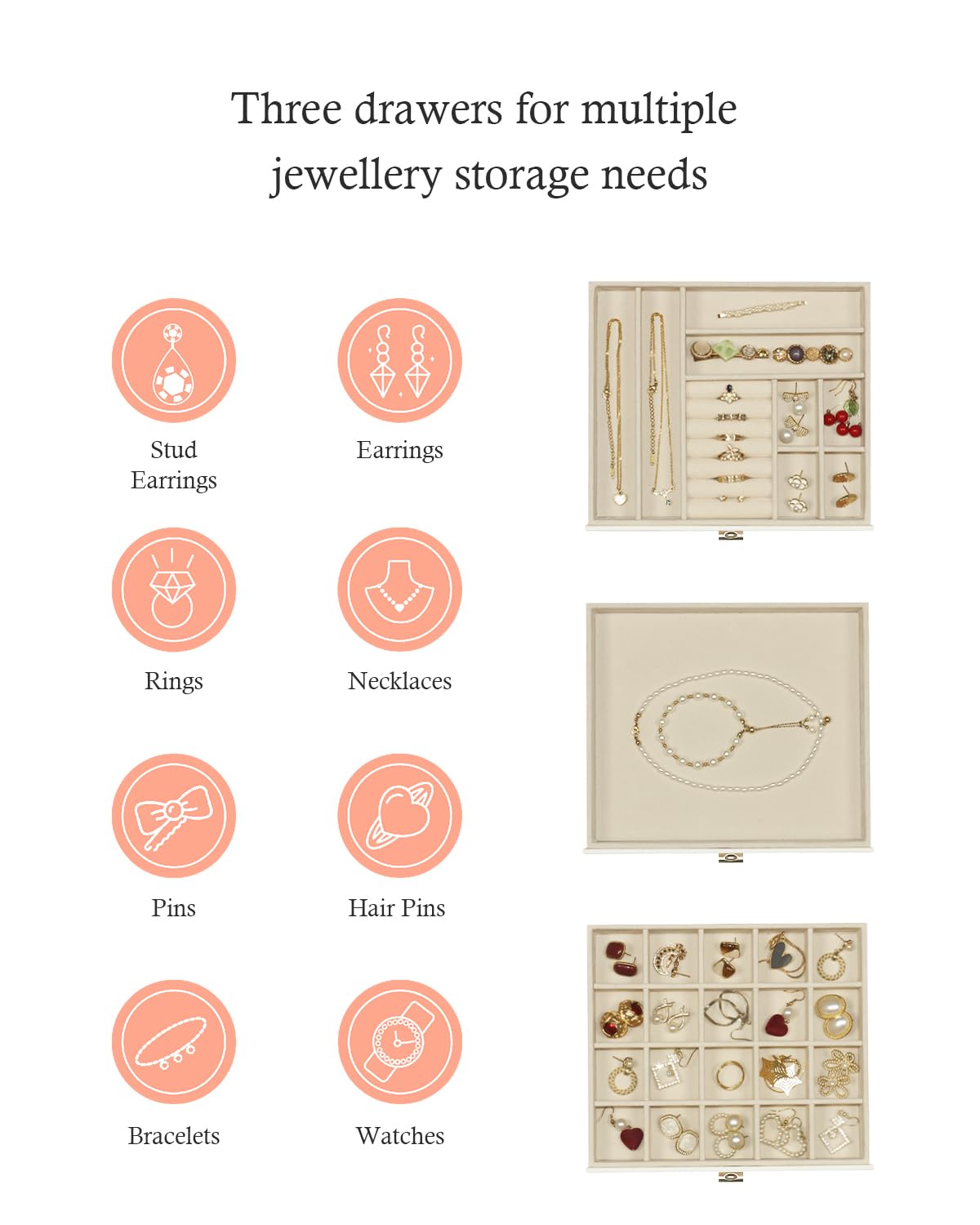 Joyero con tapa de cristal, joyero con 3 niveles, para pendientes, pulseras, collares, 3 cajones, color blanco nube