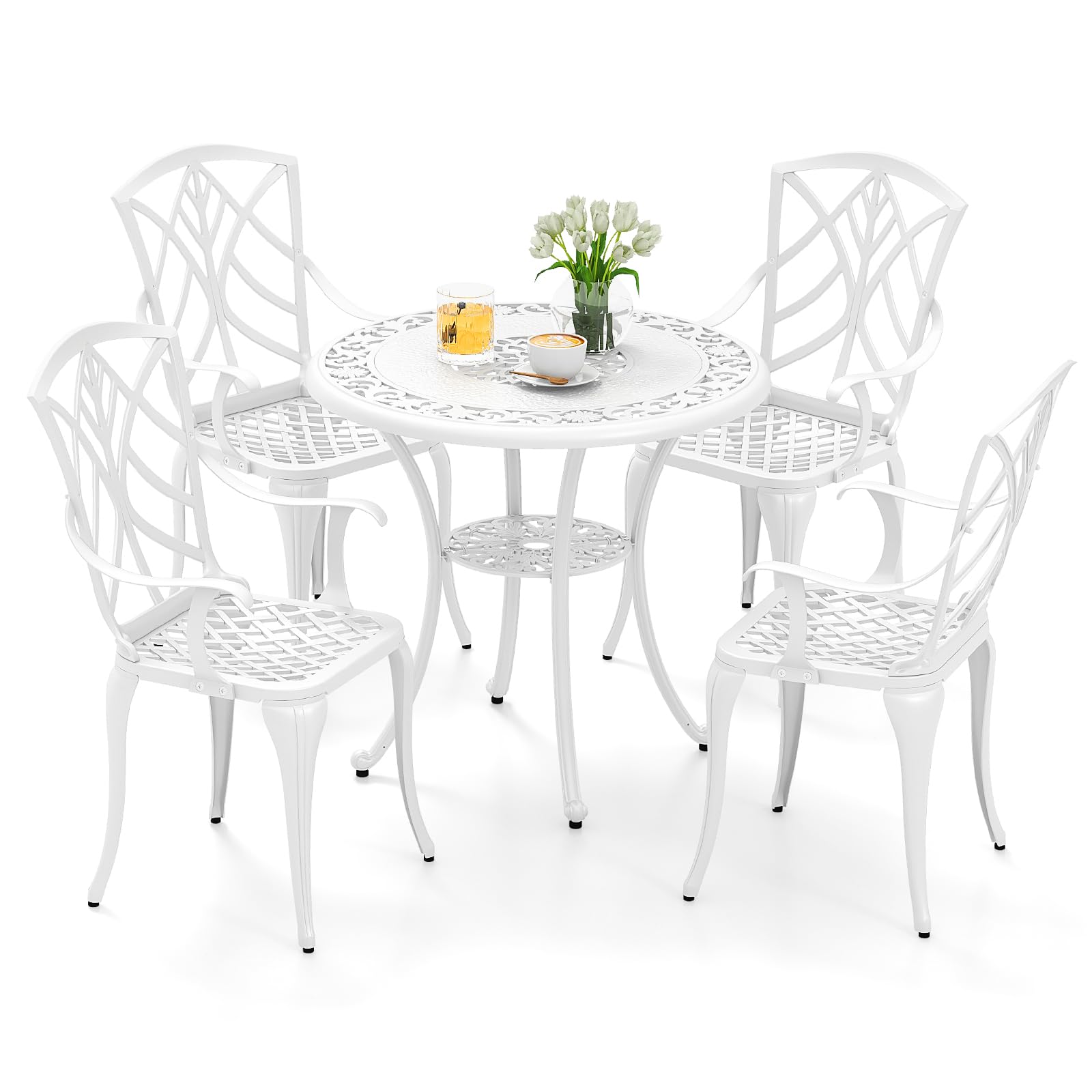 KOMFOTTEU Juego de Muebles de Jardín para 4 Personas, Conjunto de 4 Sillas y 1 Mesa con Agujero para Sombrilla, Juego de Bistró de Aluminio Fundido para Terraza, Balcón
