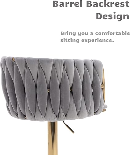 Miniatura 9 de HEAH-YO Juego de 2 taburetes de bar giratorios, taburetes de bar ajustables con respaldo tejido y base dorada estable, taburetes de cocina de