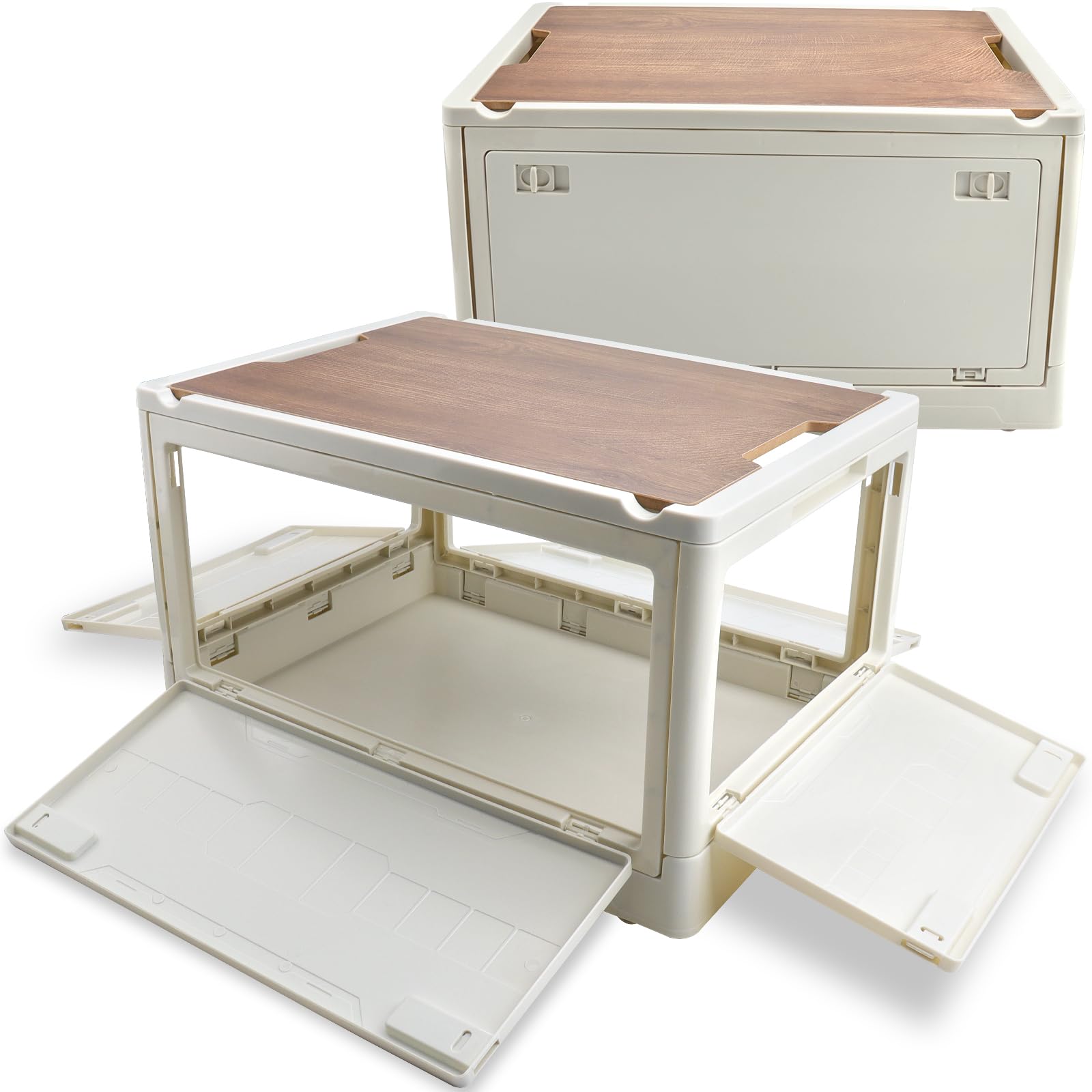 Roellgs 30L household folding storage box wooden cover thickened outdoor multifunctional camping car storage box can be used as a bedside table (white, 30L)