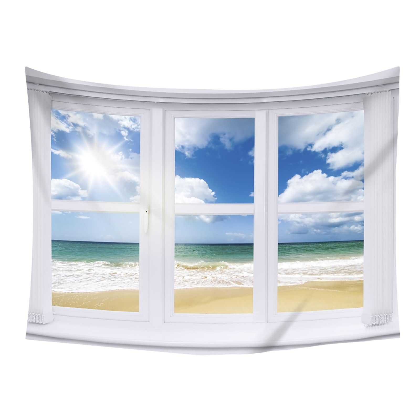 Homxi Wandteppich Klein 260 x 240 CM,Fenster Küstenlandschaft Tapestry Wanddeko Schlafzimmer Polyester Blau Weiß
