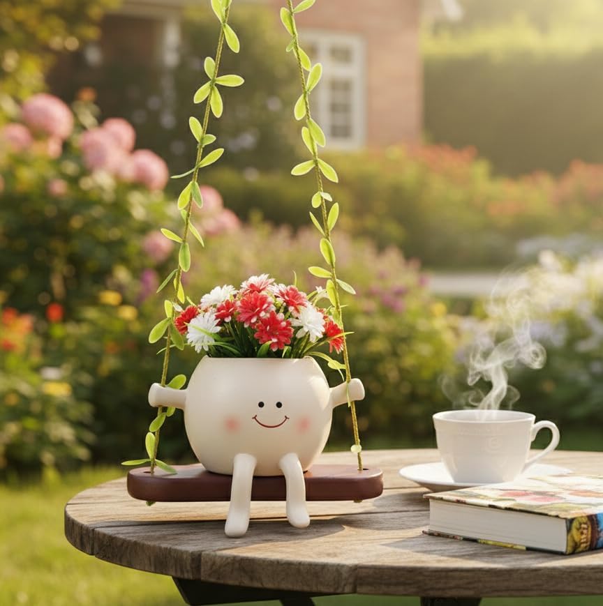 Image of KSV Enterprises Decorative Hanging Planter Pot with Swing Shelf, White Resin Smiling Face Design, Indoor Garden Decor for Artificial Flowers