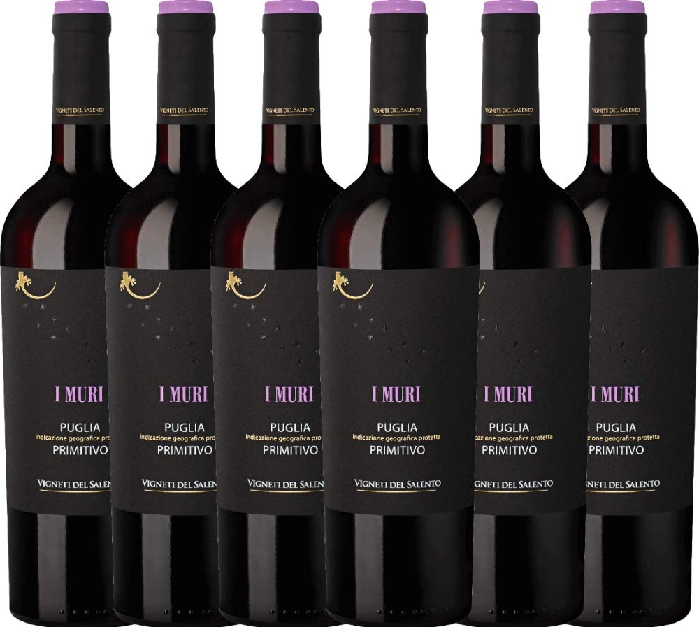 Farnese Vini 6er Paket - Muri Primitivo Puglia IGP 2020 - Vigneti del Salento mit VINELLO.weinausgießer 6 x 0,75 Liter