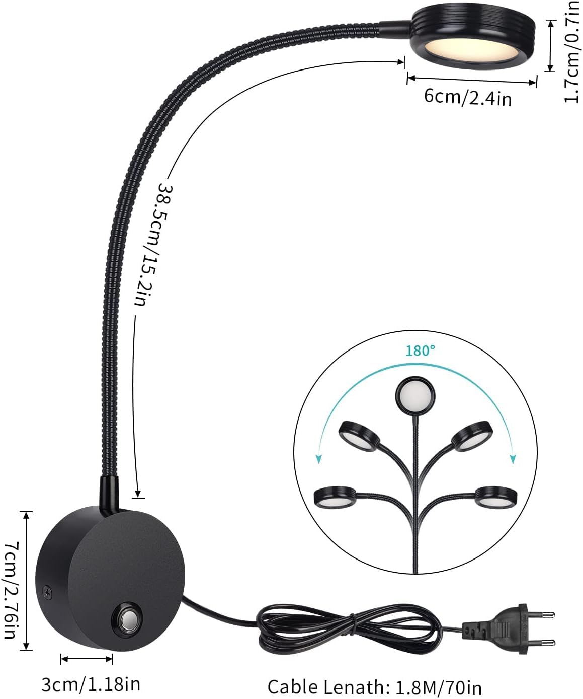 ERWEY Leselampe Wandmontage, LED Bettleuchte Wandleuchte mit Touch Button Einstellbar Licht 3000K/4000K/6000K, 4W Bettlampe 360° Flexible Schwanenhals Lampe mit USB-Ladeanschluss, Schwarz