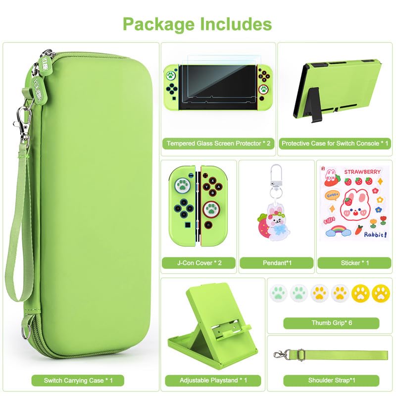 Vista 4 de Younik Switch Accessories Bundle, 15 in 1 Green Switch (NOT OLEDLite) Accessories Kit for Girls Include Switch Carrying Case, Adjustable Stand
