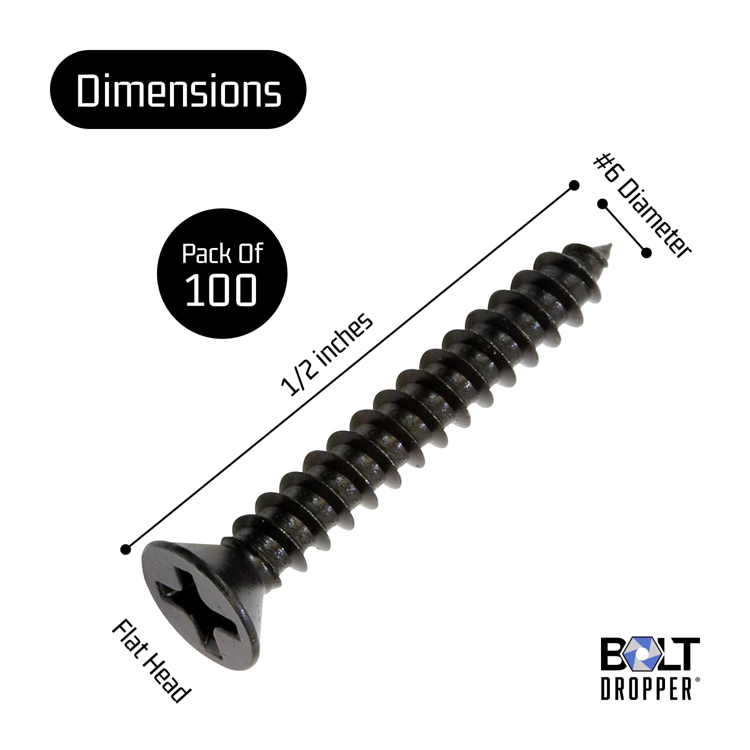 Bolt Dropper #6 x 1/2 Inch Wood Screws, Pack of 100 - Black Xylan Coated Stainless Steel Flat Head Phillips Screw - Corrosion Resistant for Wood, Drywall Applications, and Outdoor Use
