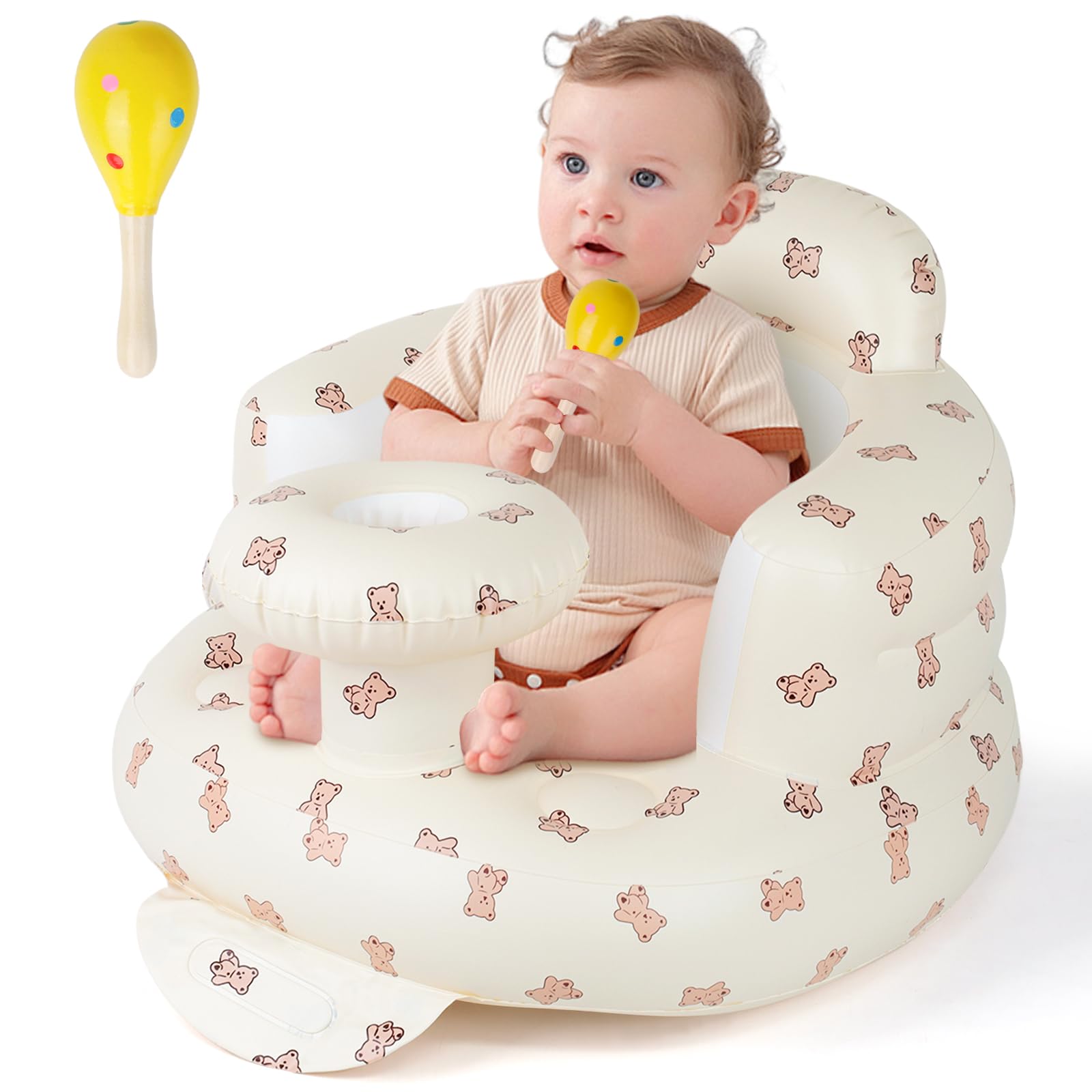 Wuciray Tragbarer Aufblasbarer Babysitz Baby Sitzhilfe Sessel Leicht für 3 Monate bis 36 Monate Werkzeugloses Aufblasen Baby Badewannensitz Baby Bath Seat für Camping Urlaub Reise Strand (Bear)