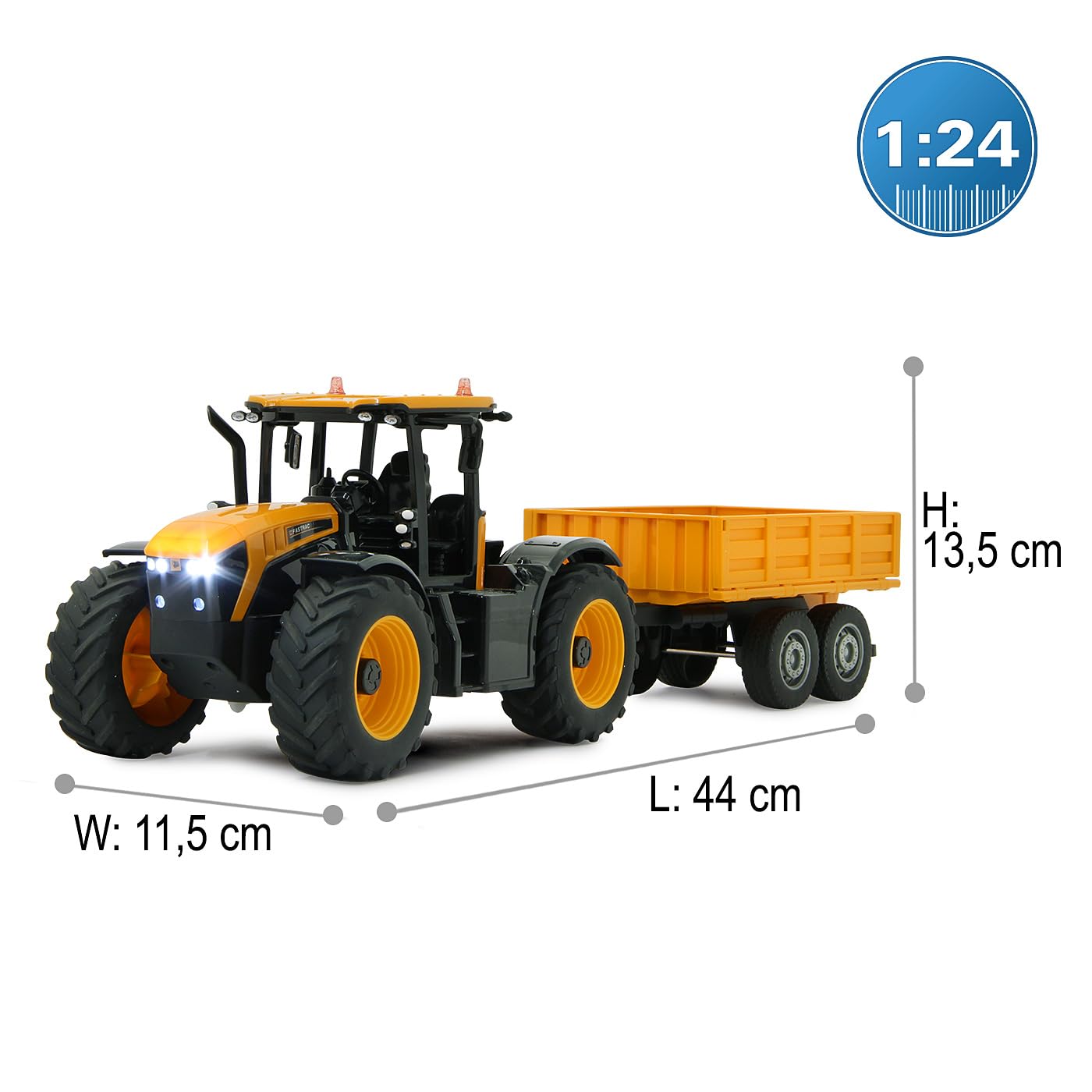 JAMARA JCB Fastrac traktor z przyczepą uchylną 1:24 2,4 GHz – napęd na 2 koła, profilowane opony gumowe, światło LED, rolnictwo