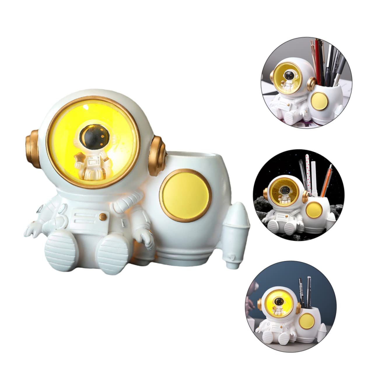 Portapenne Astronauta in Resina con Luce Led, Capacità Grande per Penne e Biglietti da Visita, Accessorio Ufficio Bianco per Scrivania Bambini
